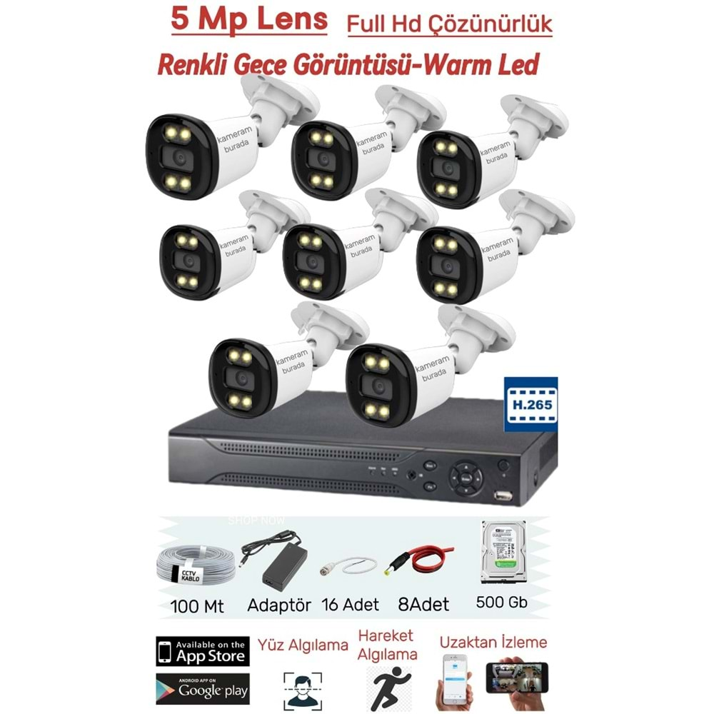 8 Kameralı 5MP Lens Full Hd 2MP Çözünürlük Yüz Tanıma + Renkli Gece Görüşlü Güvenlik Seti