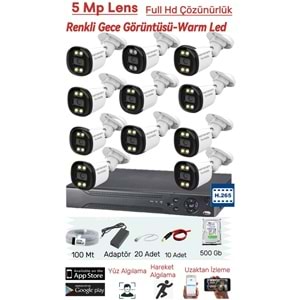 10 Kameralı 5MP Lens Full Hd 2MP Çözünürlük Yüz Tanıma + Renkli Gece Görüşlü Güvenlik Seti