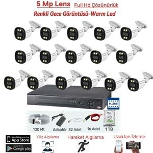16 Kameralı 5MP Lens Full Hd 2MP Çözünürlük Yüz Tanıma + Renkli Gece Görüşlü Güvenlik Seti