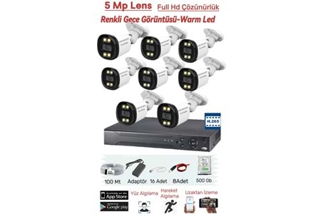 8 Kameralı 5MP Lens Full Hd 2MP Çözünürlük Yüz Tanıma + Renkli Gece Görüşlü Güvenlik Seti