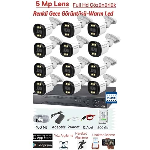 12 Kameralı 5MP Lens Full Hd 2MP Çözünürlük Yüz Tanıma + Renkli Gece Görüşlü Güvenlik Seti