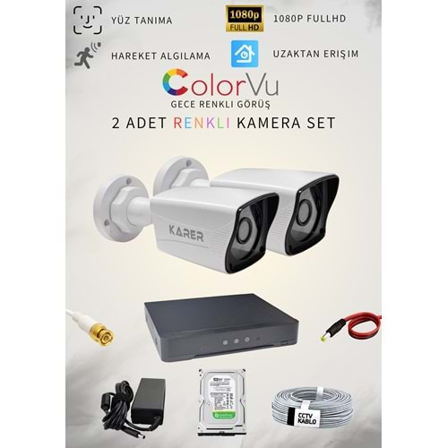 2 Kameralı 5MP Lens Full Hd 2MP Çözünürlük Yüz Tanıma + Renkli Gece Görüşlü Güvenlik Seti