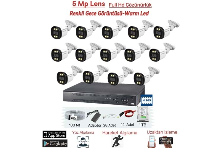 14 Kameralı 5MP Lens Full Hd 2MP Çözünürlük Yüz Tanıma + Renkli Gece Görüşlü Güvenlik Seti